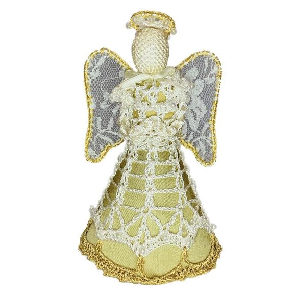 Vintage Crochet Angel Ornament Tree Topper Christmas Gold Handmade Lace 6" Decor - Picture 1 of 10